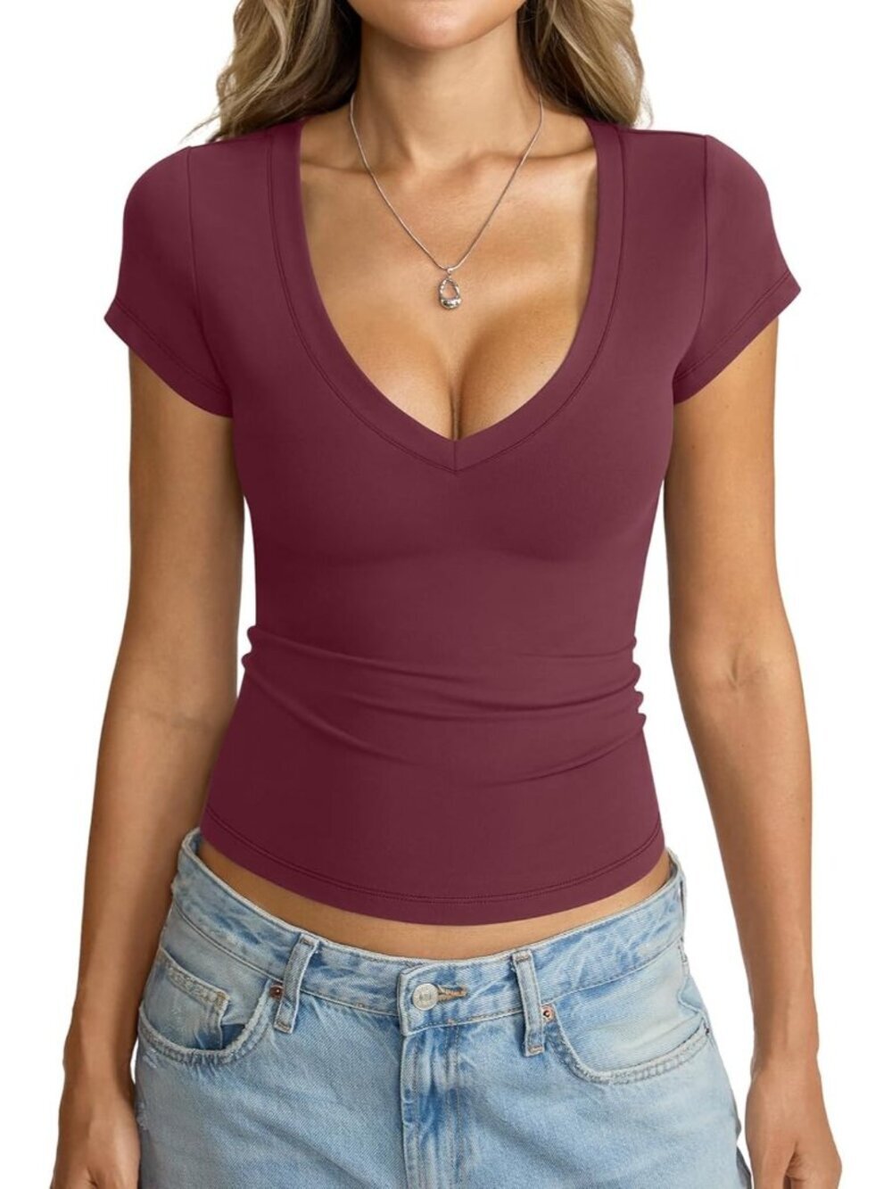 Women's Red V Neck Short Sleeve Sexy Slim Fit Crop Tops Basic Tee Shirts